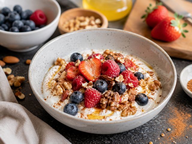 Foto: Griechischer Joghurt mit Beeren, Nüssen und Zimt