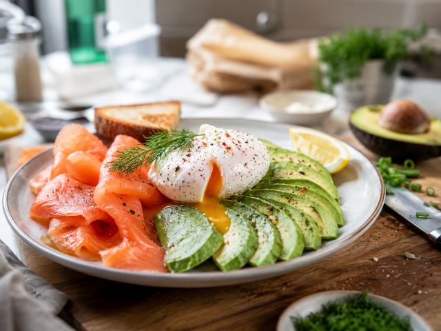 Foto: Räucherlachs-Frühstücksteller mit Avocado und pochiertem Ei