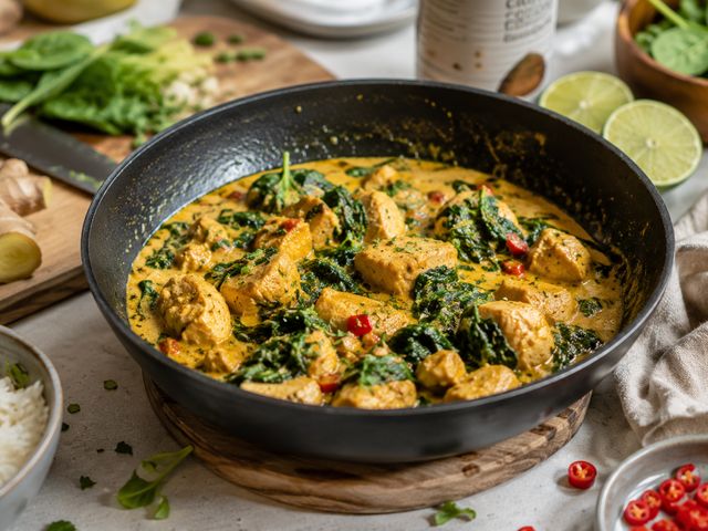 Foto: Spinat-Kokos-Hähnchenpfanne mit Kurkuma und Ingwer