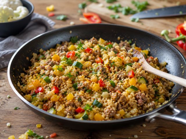 Foto: Blumenkohlreis-Pfanne mit Hackfleisch und Gemüse