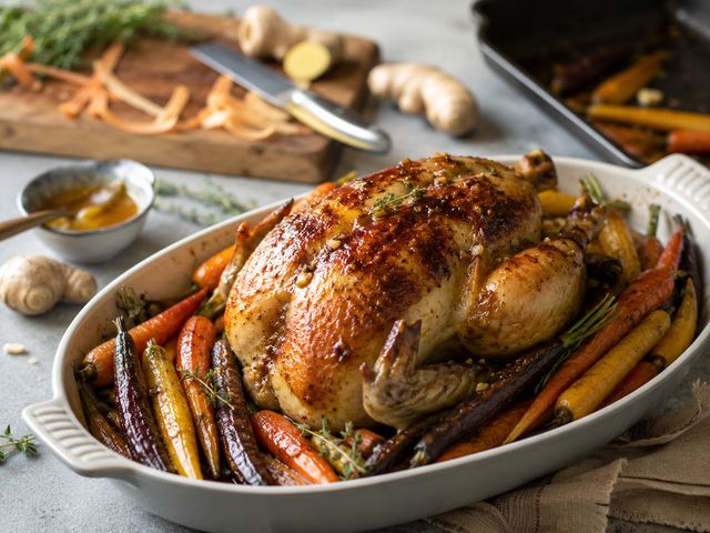 Foto: Hähnchenbraten mit bunten Möhren und Ingwerglasur