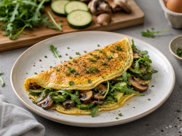 Foto: Omelett mit Rucola, Zucchini und Pilzen