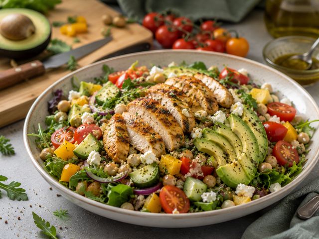 Foto: Bunter Sattmacher-Salat mit Hähnchen und Avocado