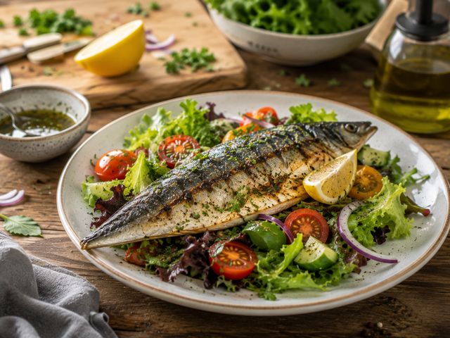 Foto: Gebratene Makrele auf Blattsalat
